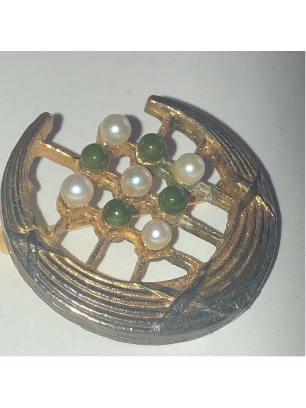 D’Or Sterling Silver Plated Jade & Faux Pearl Vintage Brooch Shoulder Pin
